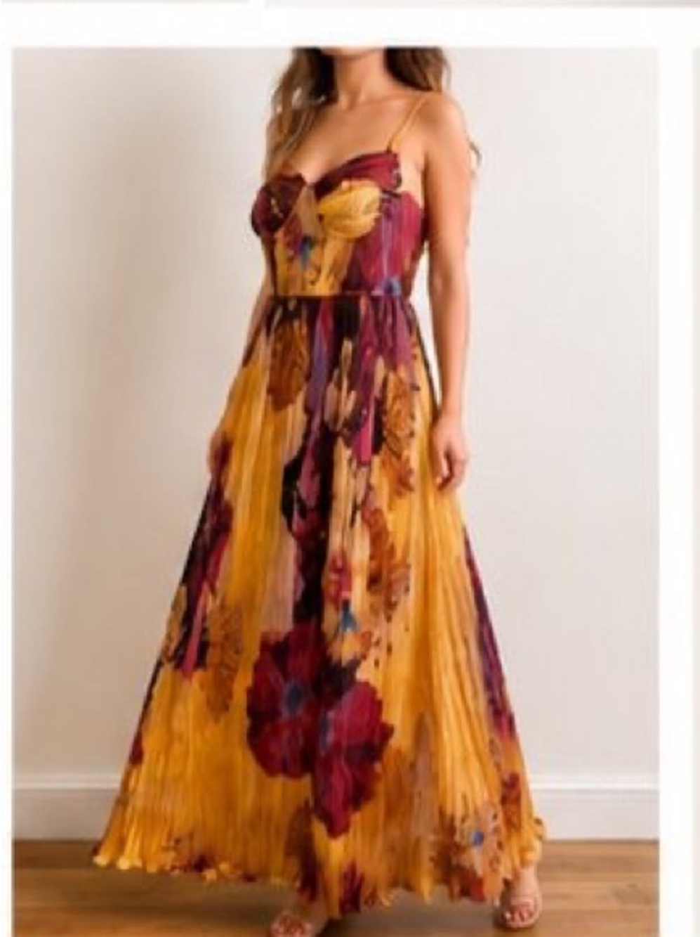 Pleated Floral Maxi Skirt in Mustard Yellow